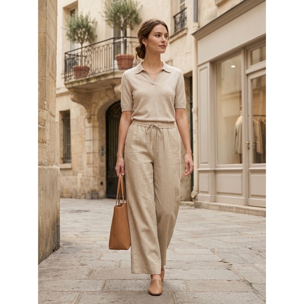 NWT Beige High Rise Linen Blend Wide Leg Pants S Neutral Oatmeal Coastal Luxury
